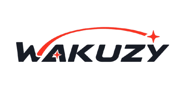 The Wakuzy brand logo on a solid white background, featuring the word 'WAKUZY' in bold black letters with a red curved line and star graphic arching over it.