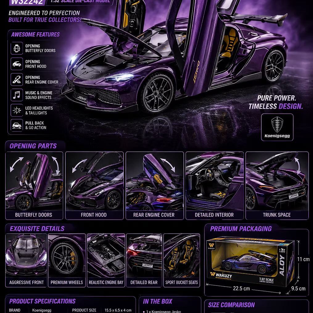 Koenigsegg Jesko 1:32 Die-Cast Model Car with Lights & Sound