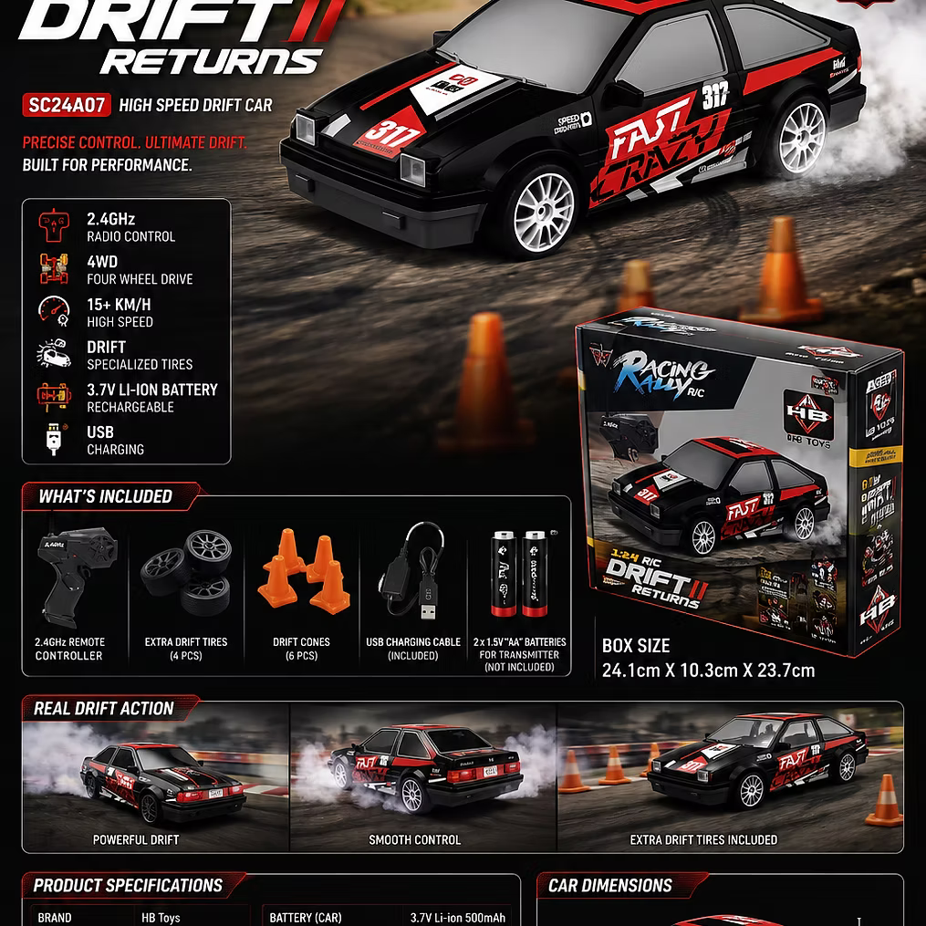 2.4GHz RC Drift Car with 4WD & LED Lights