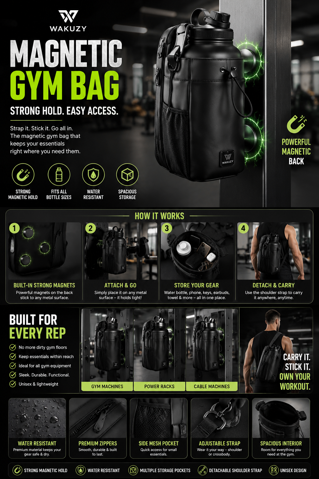 Magnetic Gym Bag – Strong Magnetic Water Bottle & Essentials Holder