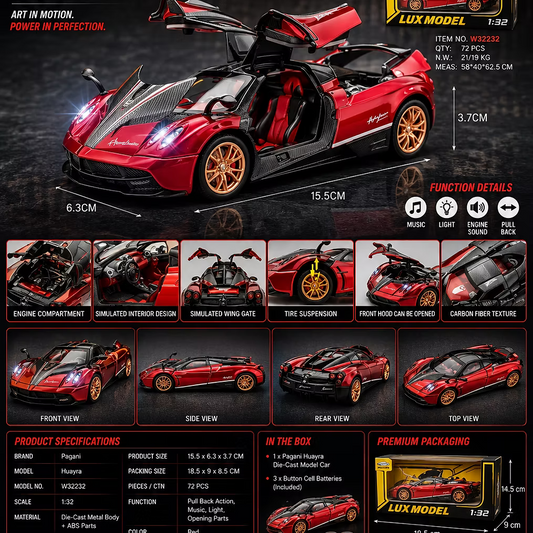 Pagani Huayra 1:32 Die-Cast Model Car with Lights & Sound