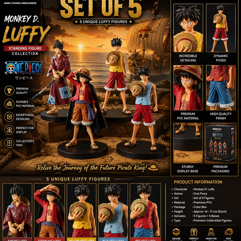 Monkey D. Luffy Standing Figure Set of 5 | One Piece Premium PVC Collectible Fig undefined